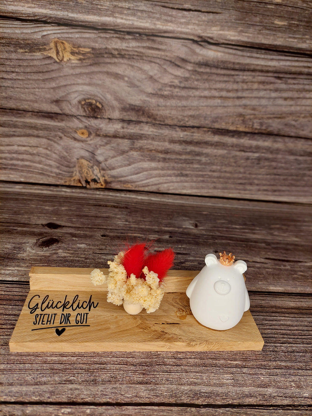 Holz-Dekoaufsteller mit Figur & Trockenblumen